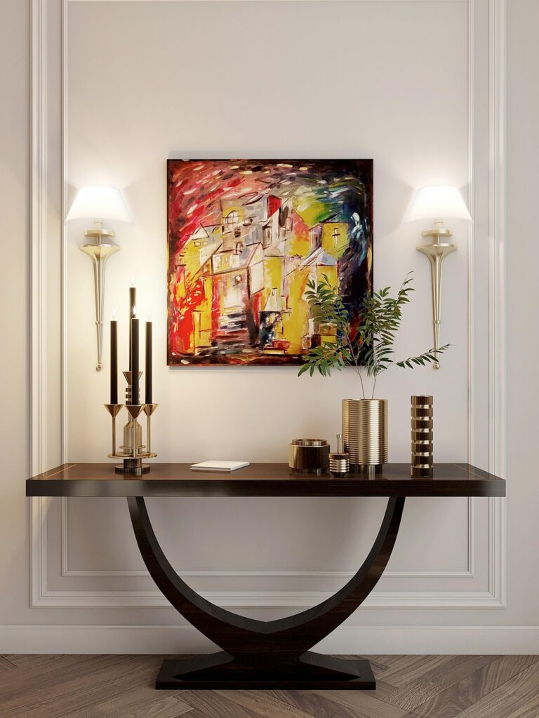table, sconce, light, painting, watercolor, interior, apartment, casa di rappresentanza