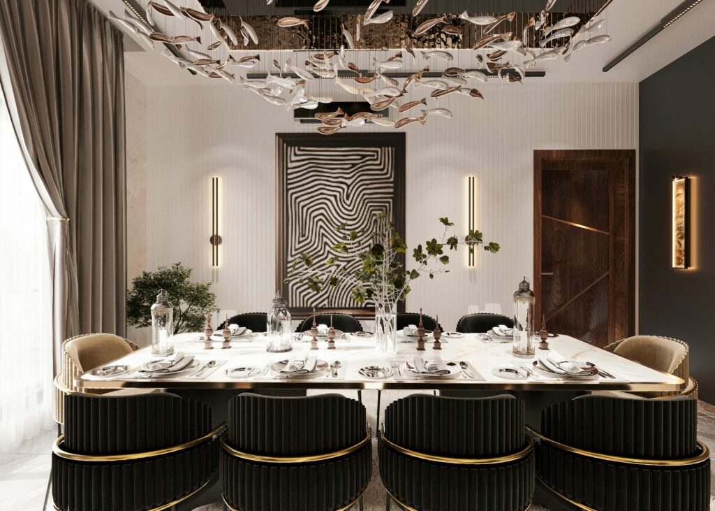 Chic dining room showcasing modern decor, elegant table setting, and artistic lighting centerpiece.