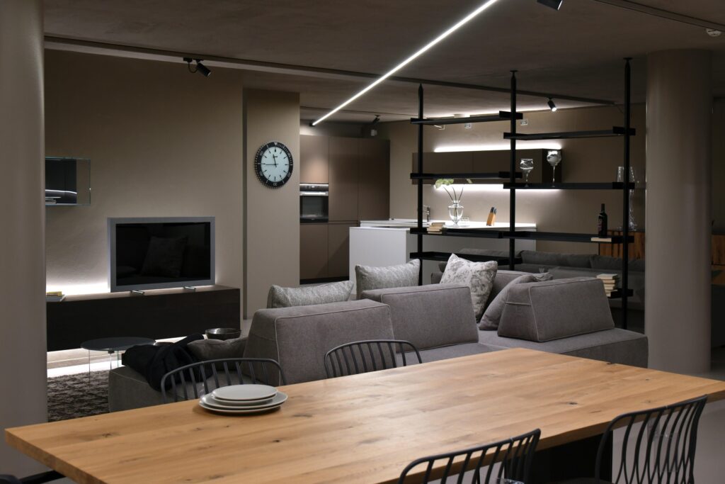 Contemporary living room with stylish furniture in Rizza, Veneto, Italy.