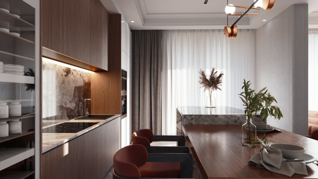 Sleek modern kitchen featuring wooden cabinets, a marble island, and elegant decor elements.