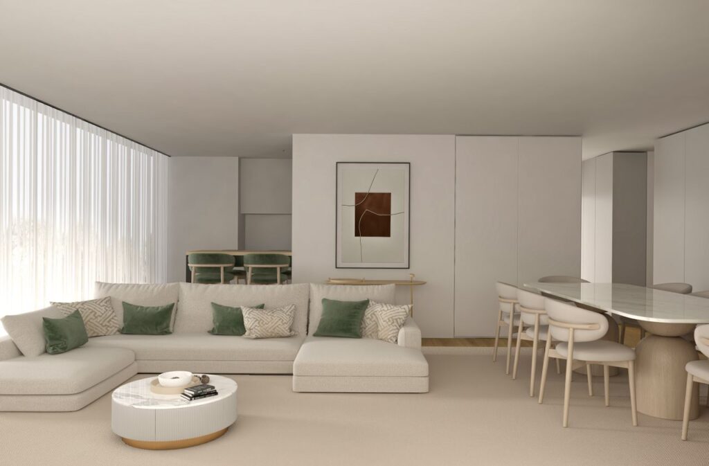 Luxurious modern living room featuring minimalist design with a large sofa, dining area, and contemporary decor.