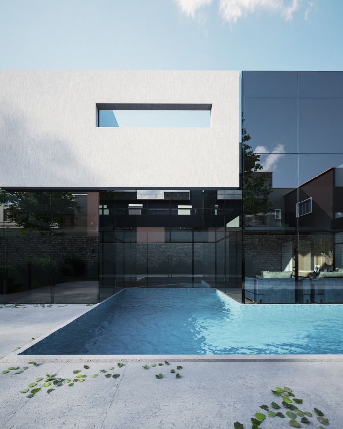 3D rendered image of a modern minimalist house with a swimming pool in a bright outdoor setting, Casa di lusso.