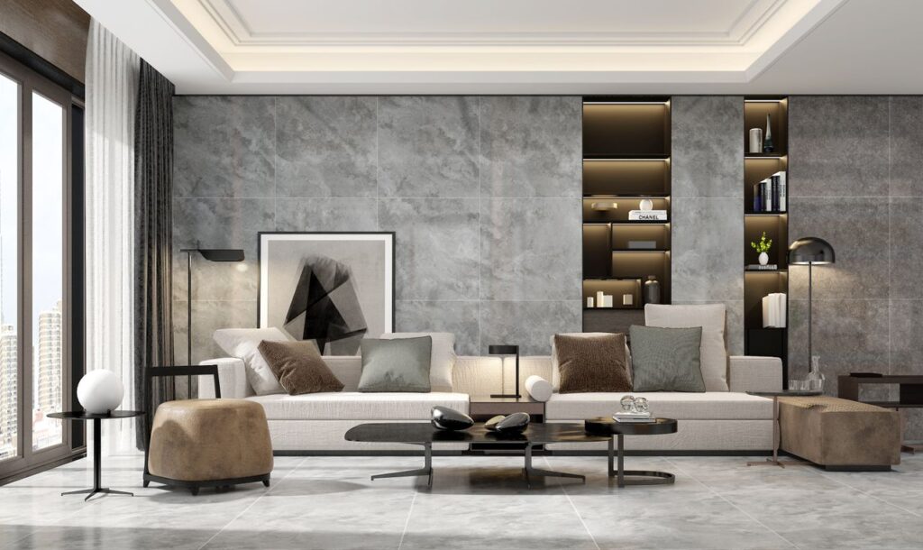 Contemporary minimalist living room with luxury furniture in neutral tones.