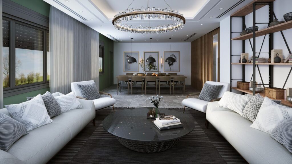 Stylish and luxurious living room featuring contemporary decor, elegant furniture, and a glass table.