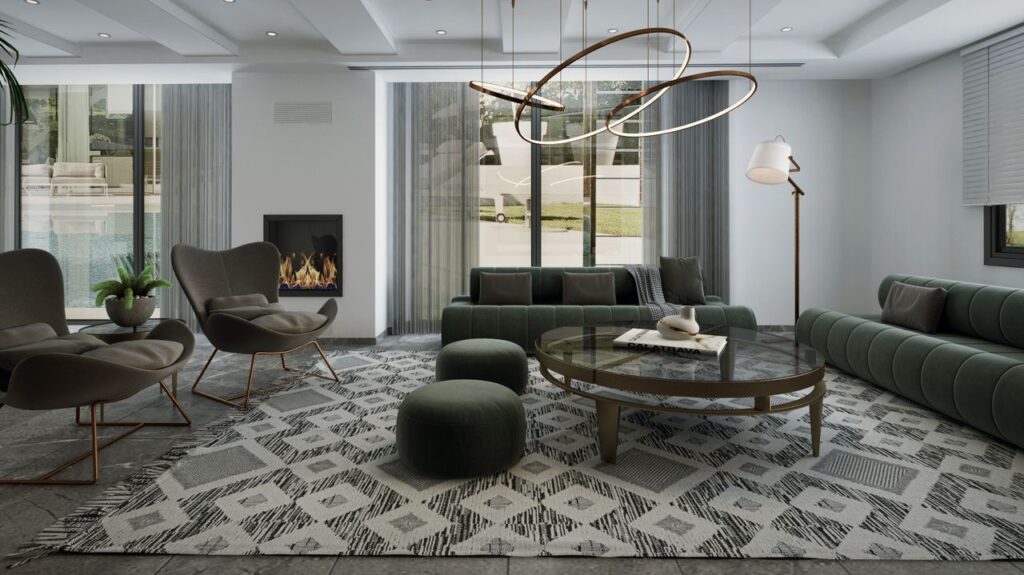 Elegant modern living room with stylish furniture and decor for luxurious home ambiance, Stile contemporaneo chic opera d'arte.