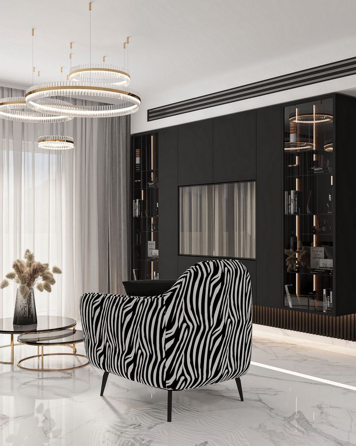Elegant modern living room featuring a zebra print armchair and stylish lighting in Israel, Stile contemporaneo chic.