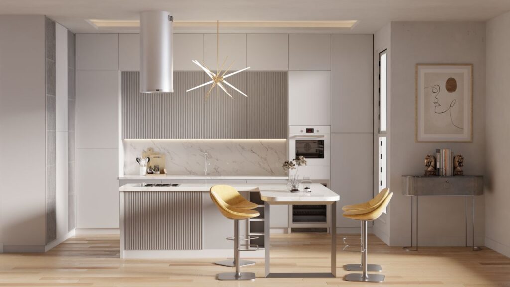 Stylish minimalist kitchen with sleek white cabinets and marble countertops.