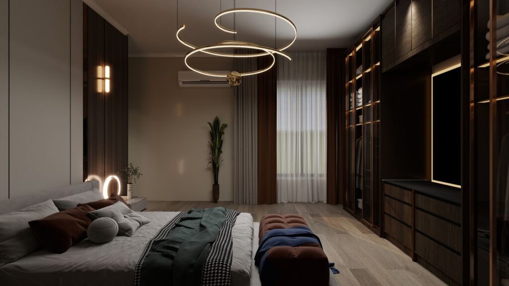 Elegant modern bedroom featuring stylish lighting, cozy bed with cushions, and chic decor elements, arredare la camera da letto.