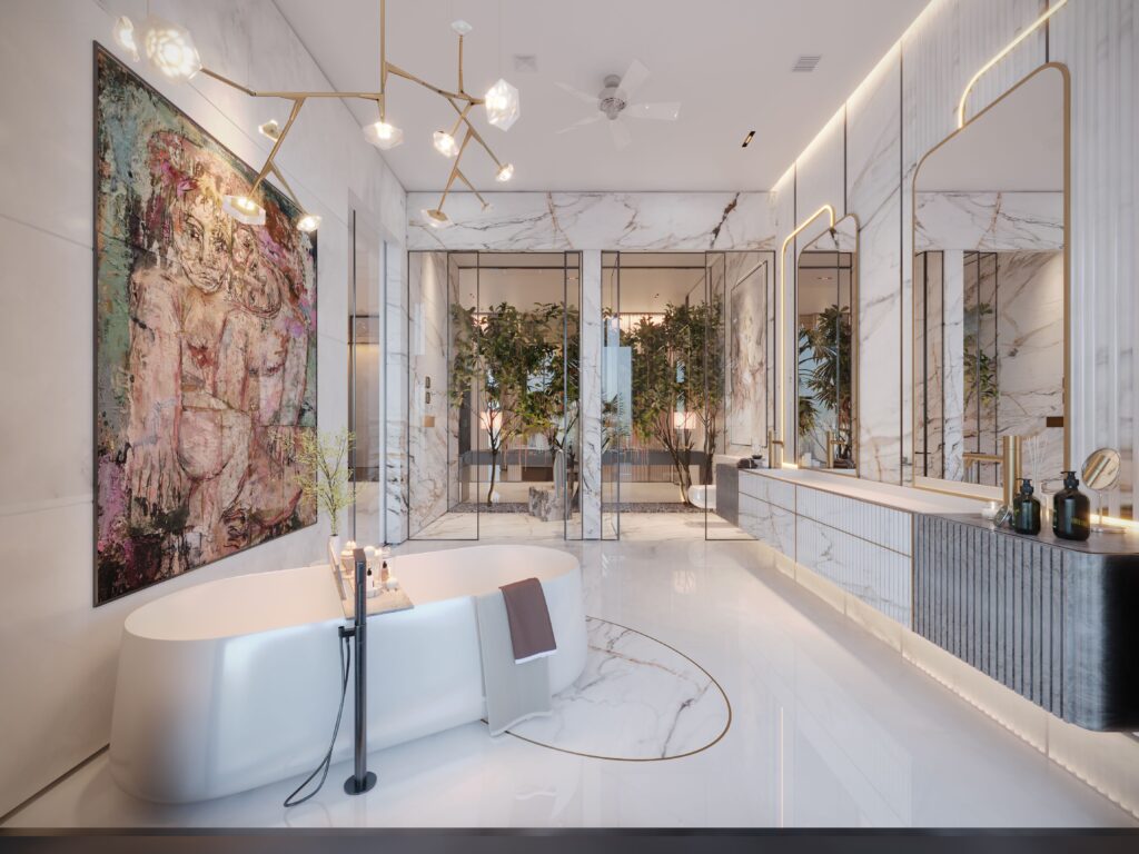 Explore this luxurious bathroom featuring modern decor, marble surfaces, and a freestanding bathtub.