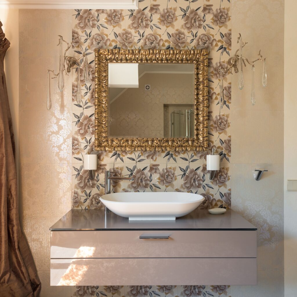 Interior of classic bathroom with clean oval shaped sink and brown curtains decorating window