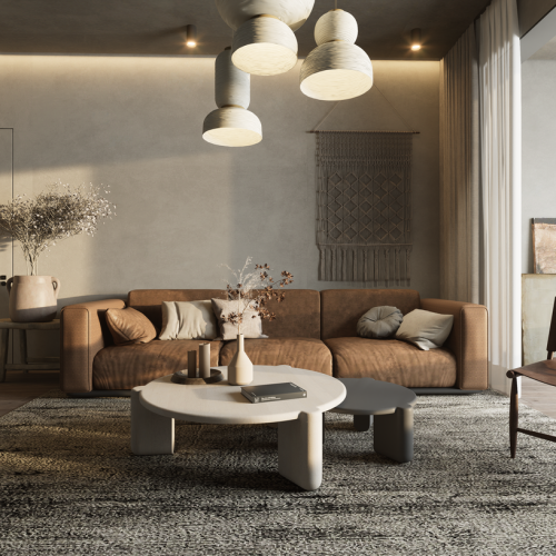 Modern living room with brown sofa, pendant lights, and elegant decor. Ristrutturare casa ai Parioli.