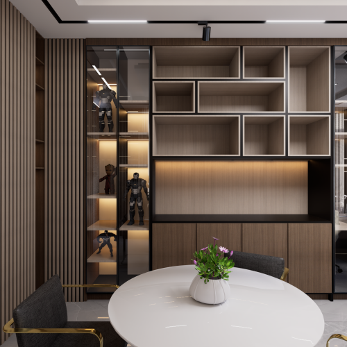 Sleek modern office room featuring built-in shelves, table, and chairs, designed with neutral tones, Ristrutturare casa a San Giovanni.