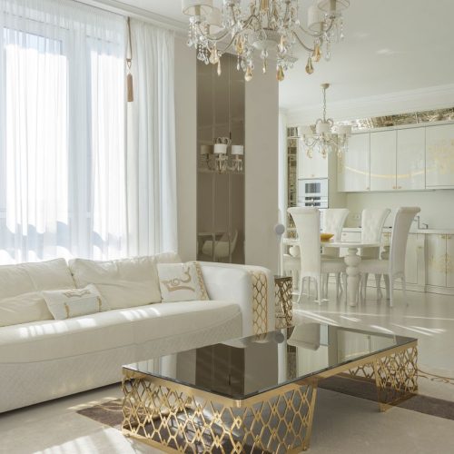 Interior of light spacious flat with cozy sofa near glass table and light furniture in kitchen